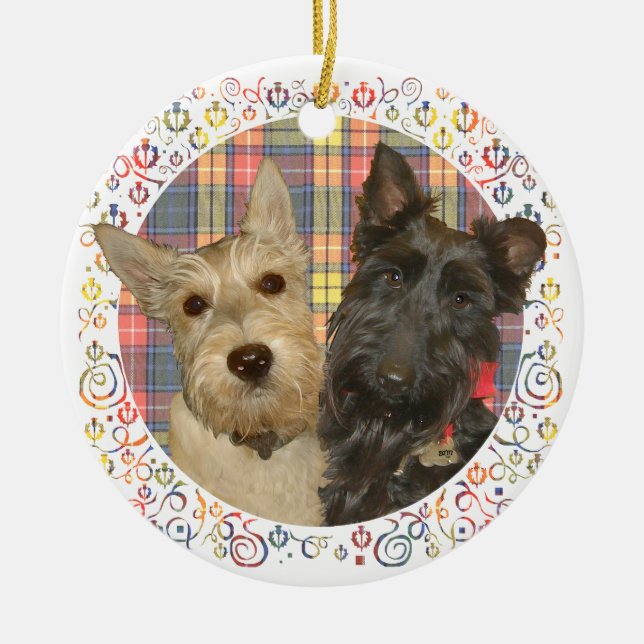 Wheaten & Black Scotties on Tartan Ceramic Ornament (Front)