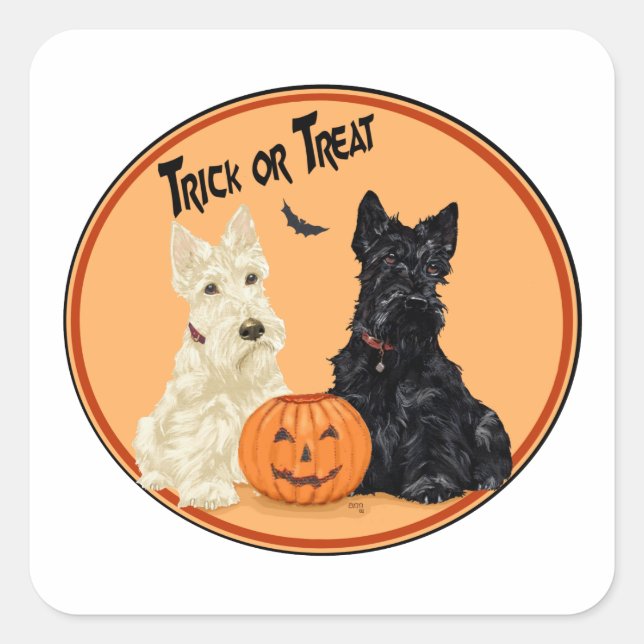 Wheaten & Black Scottish Terriers Halloween Square Sticker (Front)