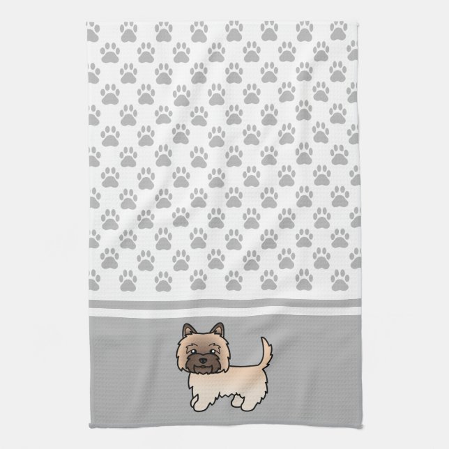 Wheaten Cairn Terrier Dog & Grey Paws Pattern Tea Towel (Vertical)