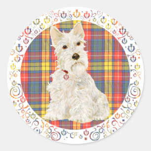 Wheaten Scottie on Buchanan Tartan Classic Round Sticker