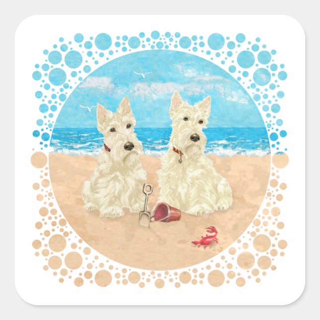 Wheaten Scotties at the Beach Square Sticker (Front)