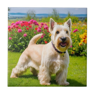 Wheaten Scottish Terrier playing in Flowers Grass Ceramic Tile
