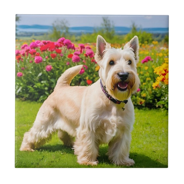 Wheaten Scottish Terrier playing in Flowers Grass Ceramic Tile (Front)