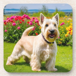 Wheaten Scottish Terrier playing in Flowers Grass Coaster