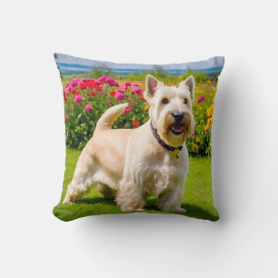 Wheaten Scottish Terrier playing in Flowers Grass Cushion