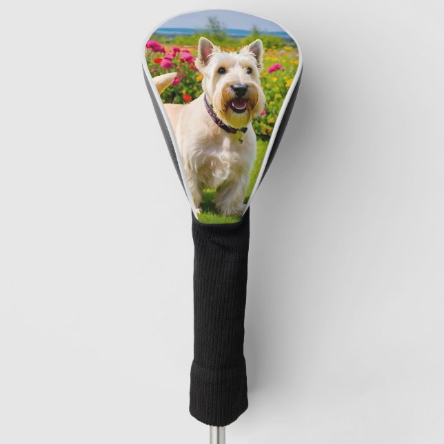 Wheaten Scottish Terrier playing in Flowers Grass Golf Head Cover (Front)