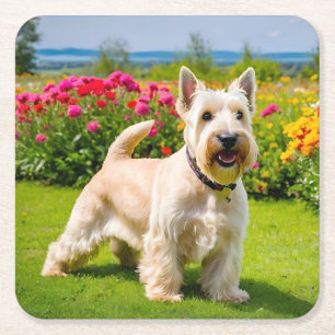 Wheaten Scottish Terrier playing in Flowers Grass Square Paper Coaster