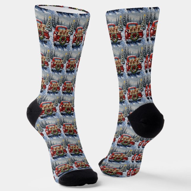 Wheaten Terrier Christmas Red Truck Holiday Gift Socks (Angled)
