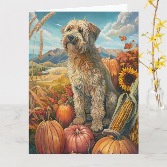 Wheaten Terrier Dog Autumn Harvest Thanksgiving Card (Yellow Flower)