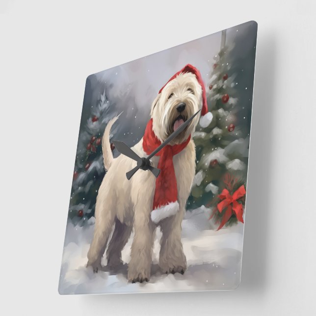 Wheaten Terrier Dog in Snow Christmas Square Wall Clock (Angle)