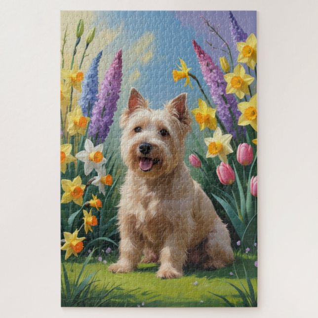 Wheaten Terrier Dog Spring Flowers Painting Jigsaw Puzzle (Vertical)