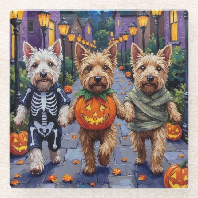 Wheaten Terrier Dogs In Halloween Cotumes Glass Coaster (Front)