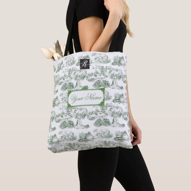WHEATEN Terrier Green Toile w/Custom Name Tote Bag (Close Up)