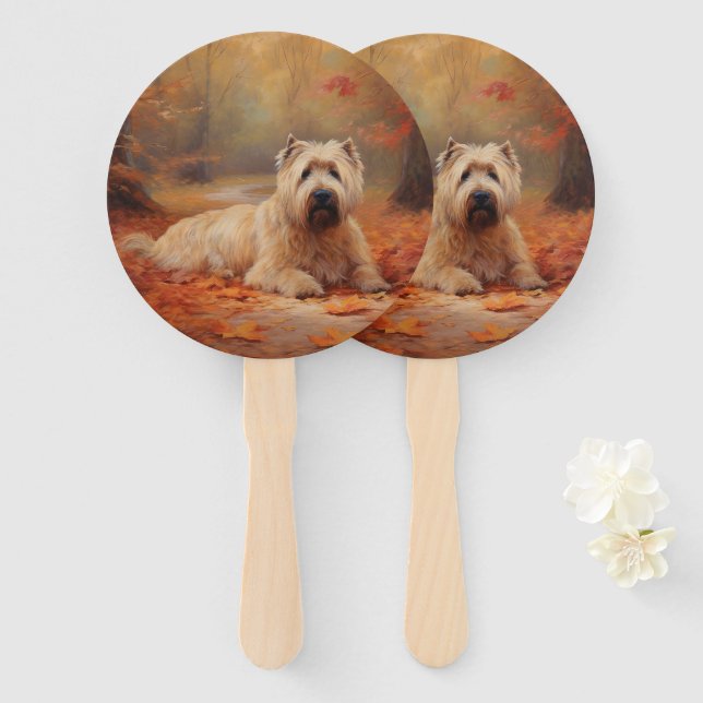 Wheaten Terrier in Autumn Leaves Fall Inspire  Hand Fan (Front and Back)