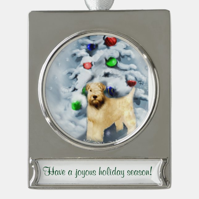Wheaten Terrier Personalised Christmas Silver Plated Banner Ornament (Front)