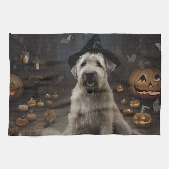 Wheaten Terrier Pumpkins Halloween Scary Tea Towel (Horizontal)