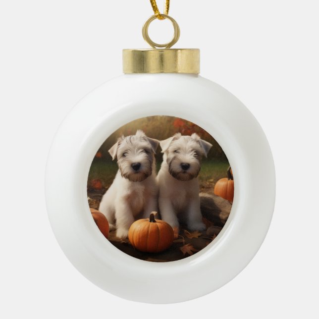 Wheaten Terrier Puppy Autumn Delight Pumpkin Ceramic Ball Christmas Ornament (Front)