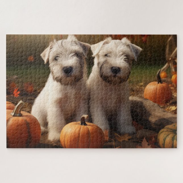 Wheaten Terrier Puppy Autumn Delight Pumpkin Jigsaw Puzzle (Horizontal)