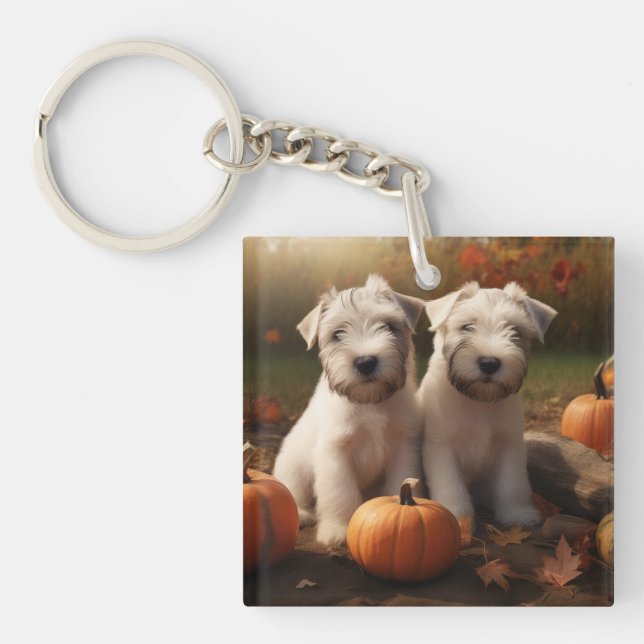 Wheaten Terrier Puppy Autumn Delight Pumpkin Key Ring (Front)
