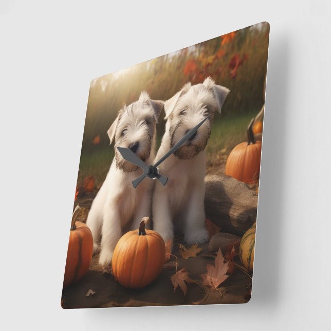 Wheaten Terrier Puppy Autumn Delight Pumpkin Square Wall Clock (Angle)