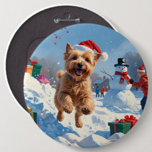 Wheaten Terrier Running in Snow with Christmas Hat 6 Cm Round Badge