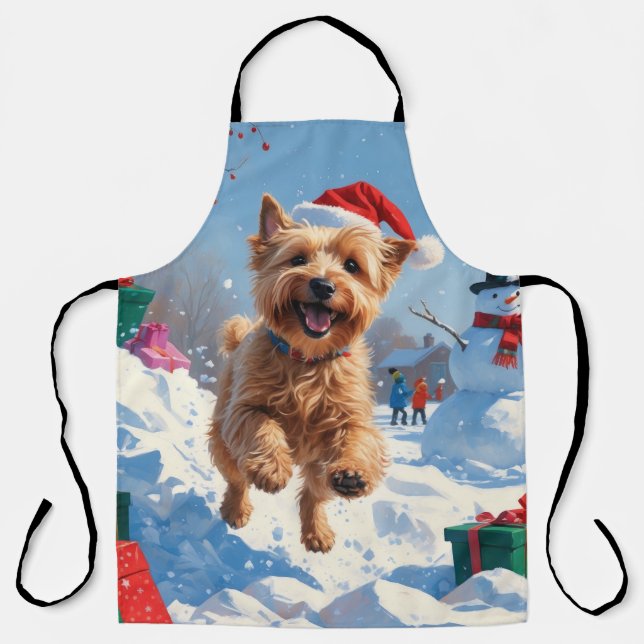 Wheaten Terrier Running in Snow with Christmas Hat Apron (Front)