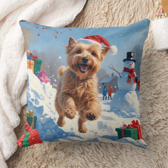 Wheaten Terrier Running in Snow with Christmas Hat Cushion (Blanket)