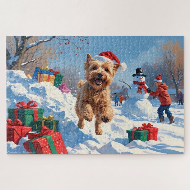 Wheaten Terrier Running in Snow with Christmas Hat Jigsaw Puzzle (Horizontal)