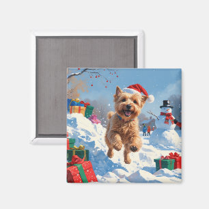 Wheaten Terrier Running in Snow with Christmas Hat Magnet