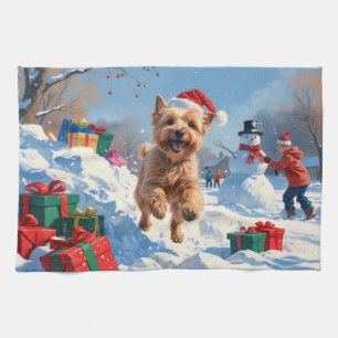Wheaten Terrier Running in Snow with Christmas Hat Tea Towel