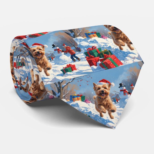 Wheaten Terrier Running in Snow with Christmas Hat Tie (Rolled)