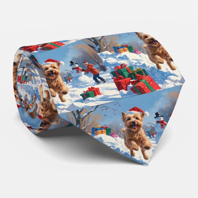 Wheaten Terrier Running in Snow with Christmas Hat Tie (Rolled)