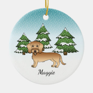 Wheaten Wire Haired Dachshund In A Winter Forest Ceramic Ornament