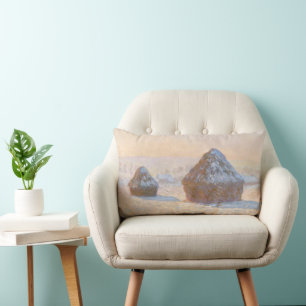 Wheatstacks, Snow Effect, Morning, by Claude Monet Lumbar Cushion