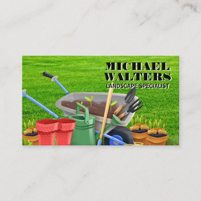 Wheel Barrow Gardening Tools | Grass Business Card (Front)