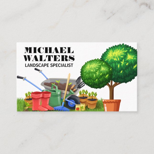 Wheel Barrow Gardening Tools | Topiary Business Card (Front)