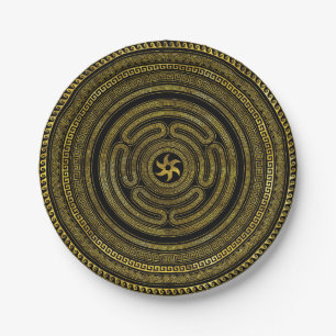 Wheel of Hecate Greek Key Black and Gold Paper Plate