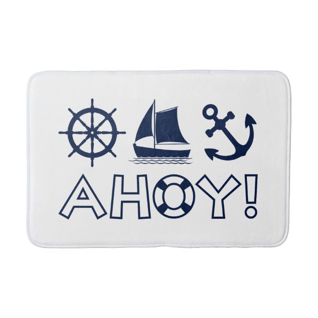 Wheel Sailboat Anchor Ahoy! Dark Blue Bath Mat (Front)