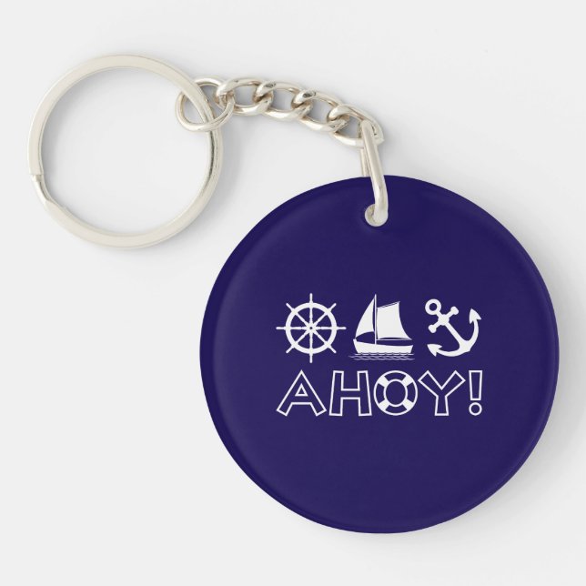 Wheel Sailboat Anchor Ahoy! White Key Ring (Front)