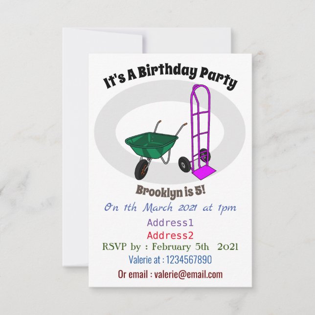 Wheelbarrow & hand trolley cartoon illustration invitation (Front)