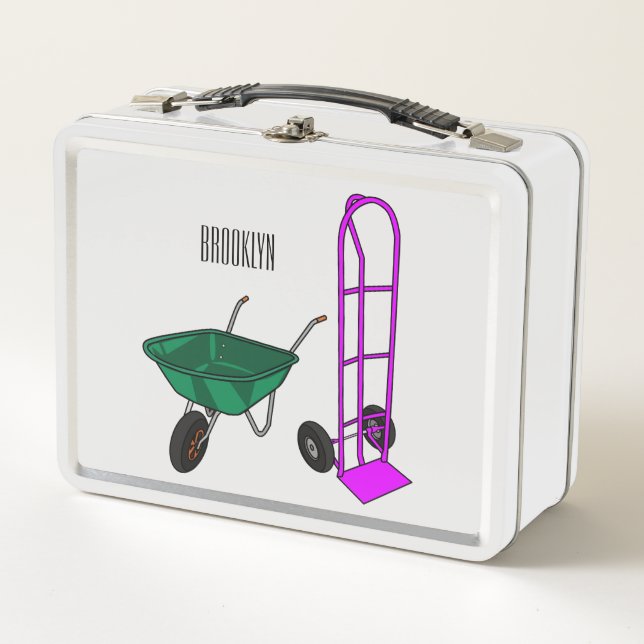 Wheelbarrow & hand trolley cartoon illustration metal lunch box (Front)