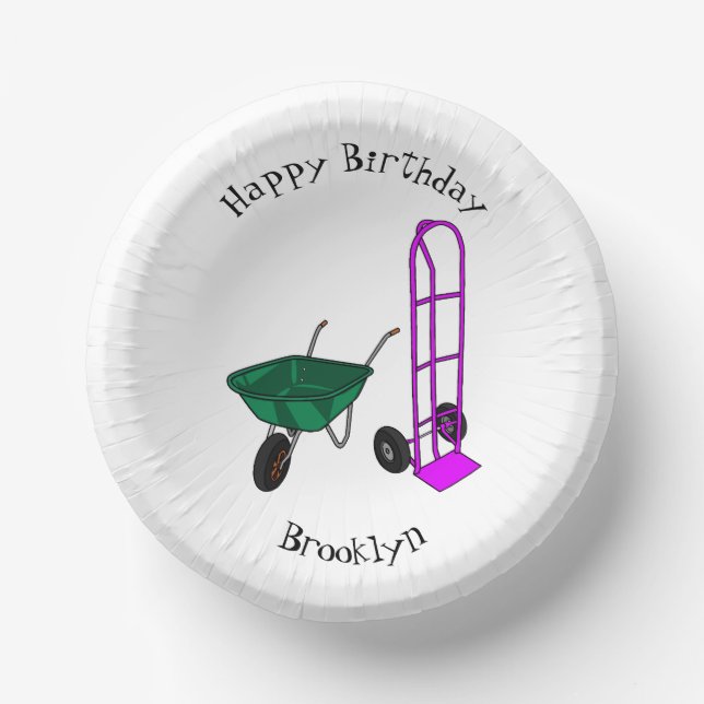 Wheelbarrow & hand trolley cartoon illustration paper plate (Front)