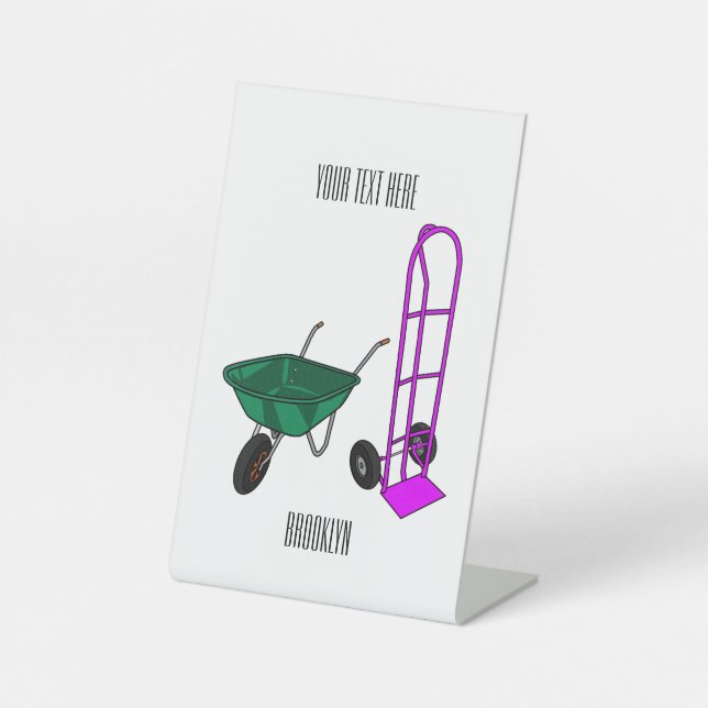 Wheelbarrow & hand trolley cartoon illustration pedestal sign (Front)