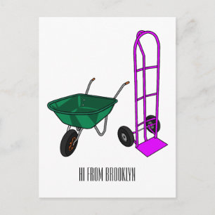 Wheelbarrow & hand trolley cartoon illustration postcard