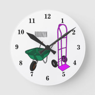 Wheelbarrow & hand trolley cartoon illustration round clock