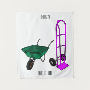 Wheelbarrow & hand trolley cartoon illustration tapestry