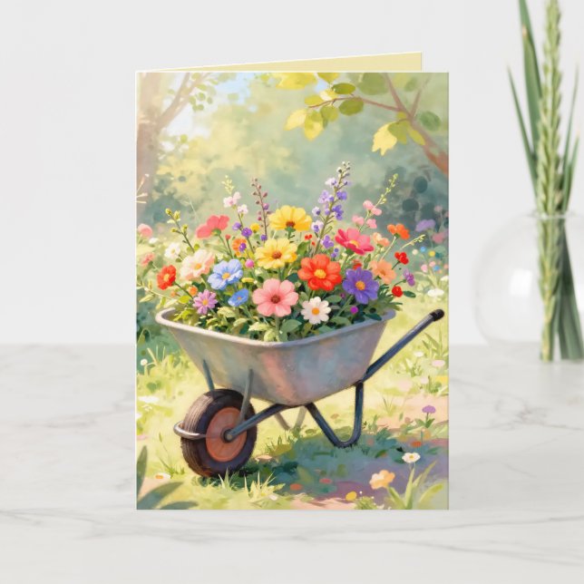 Wheelbarrow of Flowers Greetings Card (Front)