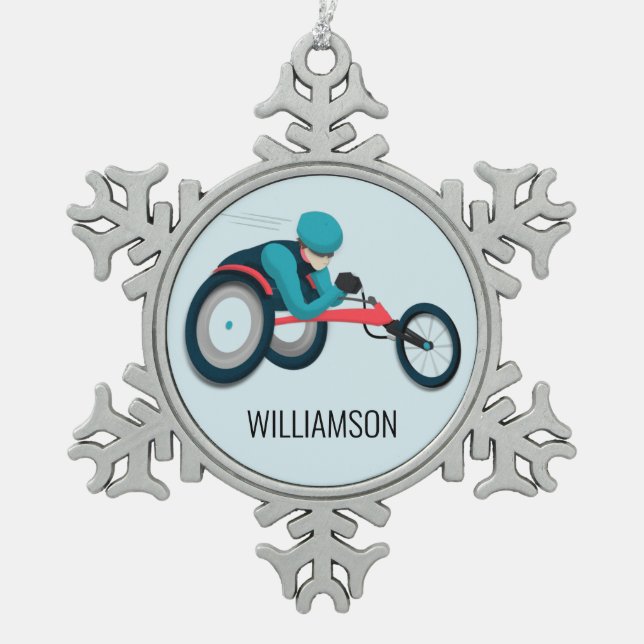 Wheelchair Racing Snowflake Pewter Christmas Ornament (Front)