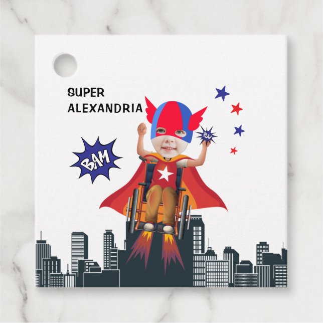 Wheelchair Superhero Flying Hero Girl Birthday Favour Tags (Front)