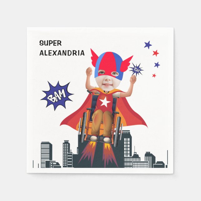Wheelchair Superhero Flying Hero Girl Birthday Napkin (Front)